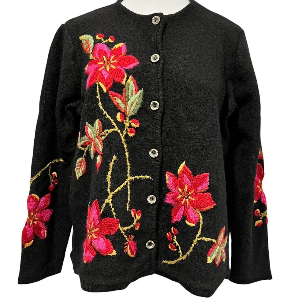 Susan Bristol Vtg Floral Button Cardigan, Black Wool, XL